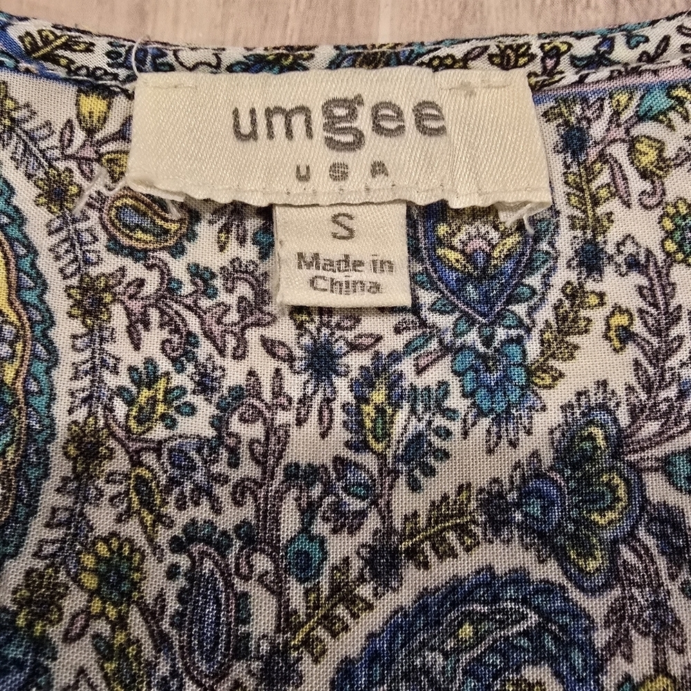 Umgee Floral Boho Baby Doll Dress V Neck Mini Balloon 3/4 Sleeves Size Small. - Picture 6 of 10